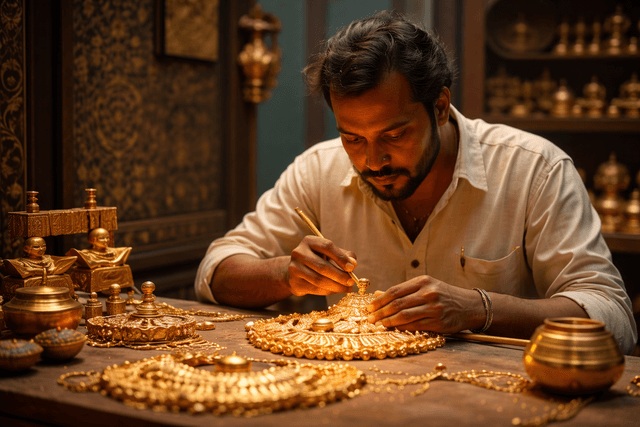 Traditional Indian jewelry craftsmanship with gold necklace and accessories